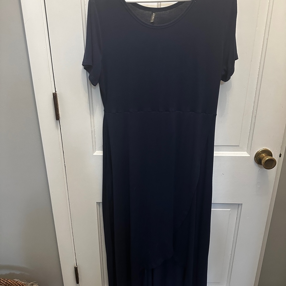 Casual comfortable Navy Blue Maxi Dress with Crew Neck and Short Sleeves